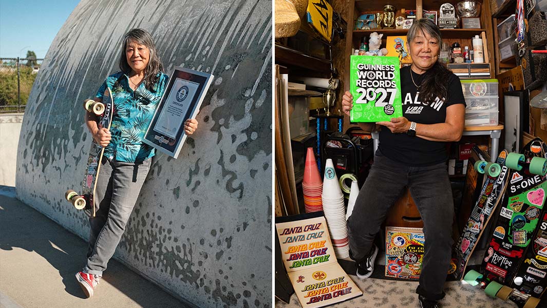 Split image of Judi Oyama holding the new GWR2027 book, and Judi at the skatepark holding her GWR certificate