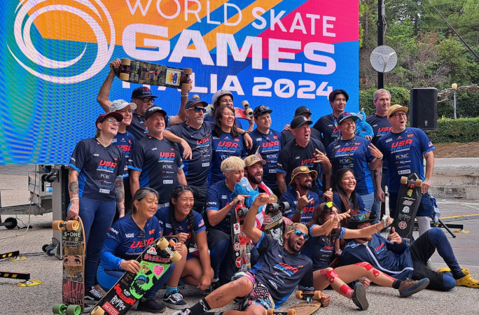 Judi in a group photo with Team USA at a skateboarding competition