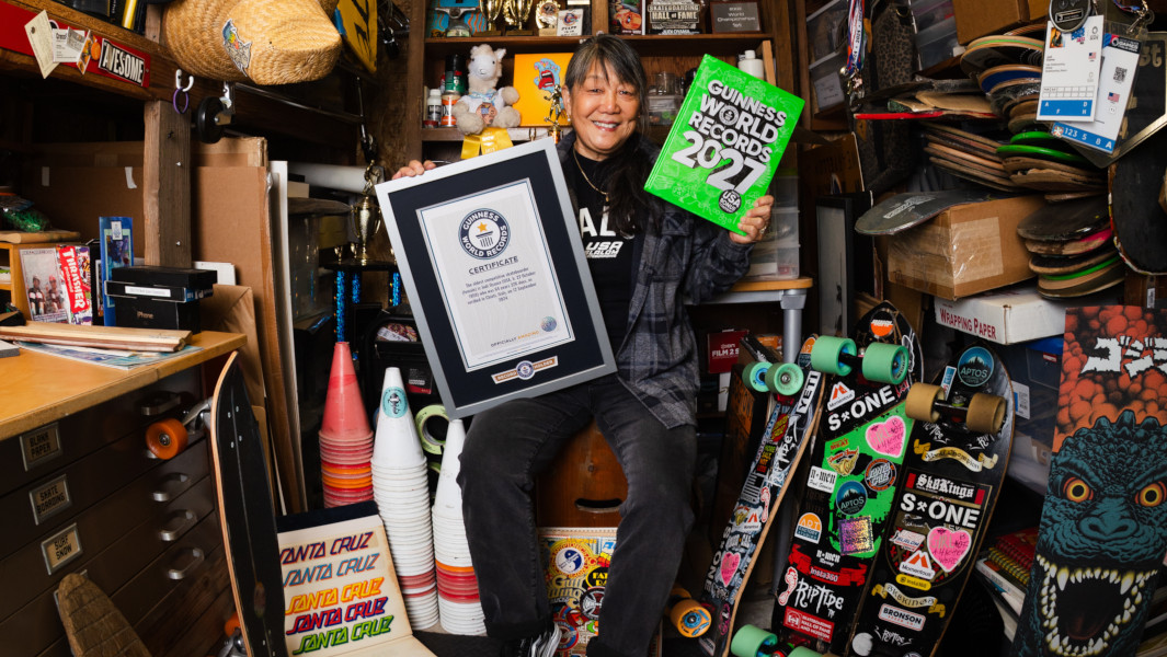 Split image of Judi Oyama holding the new GWR2027 book, and Judi at the skatepark holding her GWR certificate