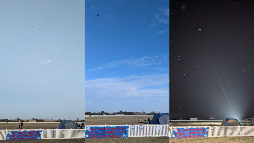 Three photos of the progression of daylight while Angus is holding the kite