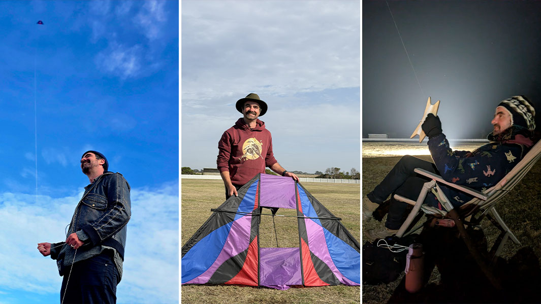 Three way split header of Angus flying his kite at different times of day