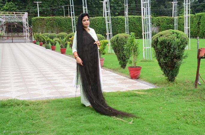 Renu standing in the garden with her hair trailing down