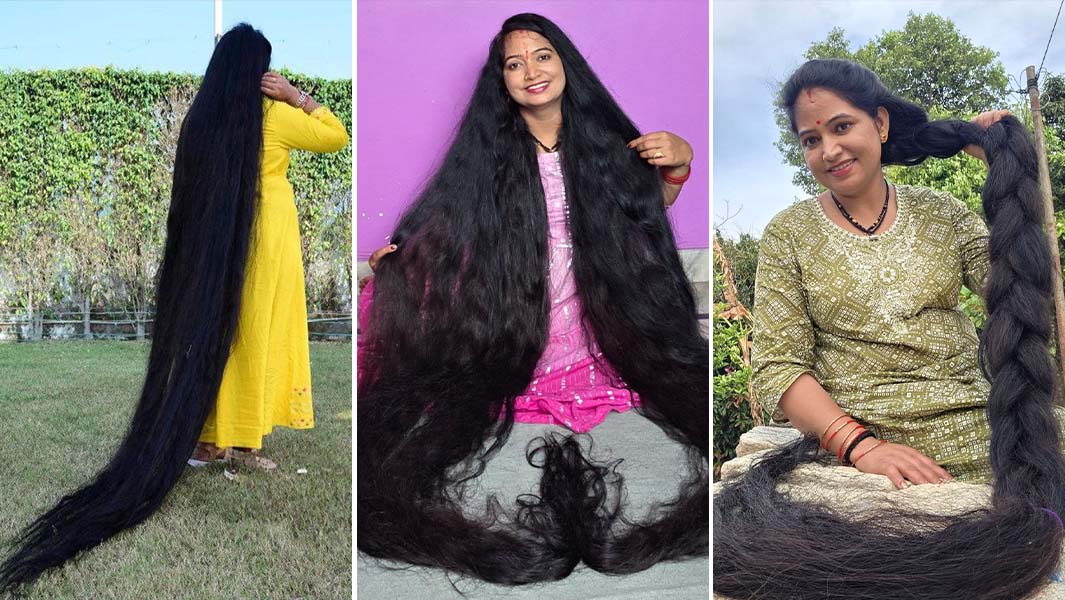 three images of the woman with the longest hair