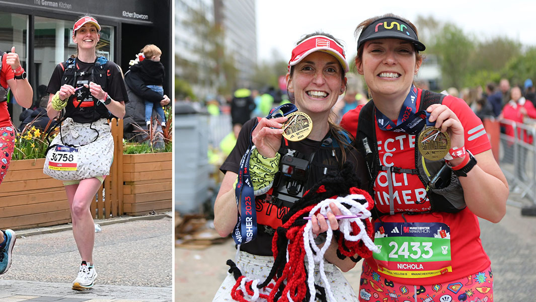 Split image of Louise Warwick running and crocheting at the same time and Louise holding her medal and crochet chain next to her friend