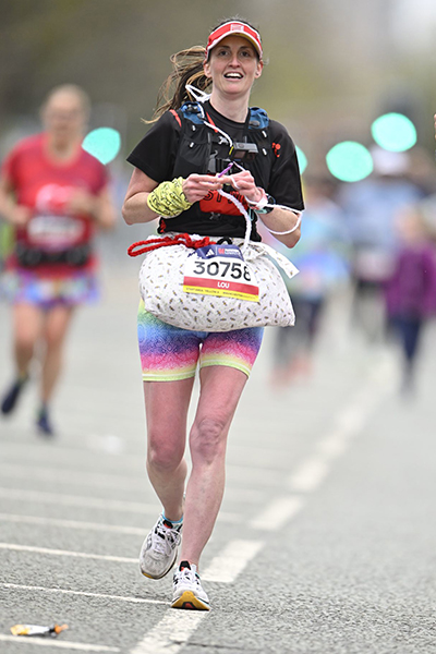 Louise Warwick running and crocheting