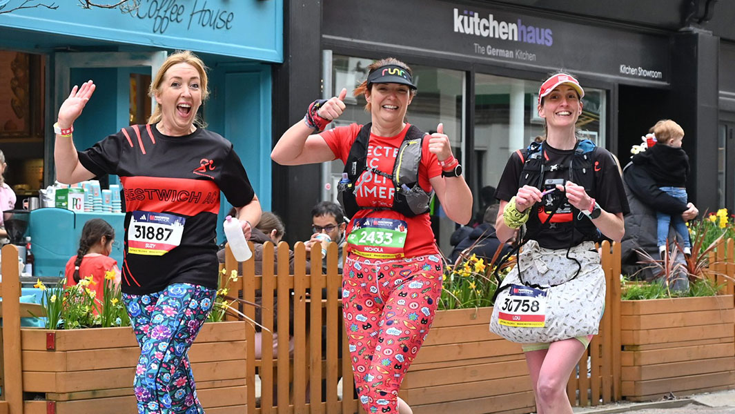 Split image of Louise Warwick running and crocheting at the same time and Louise holding her medal and crochet chain next to her friend