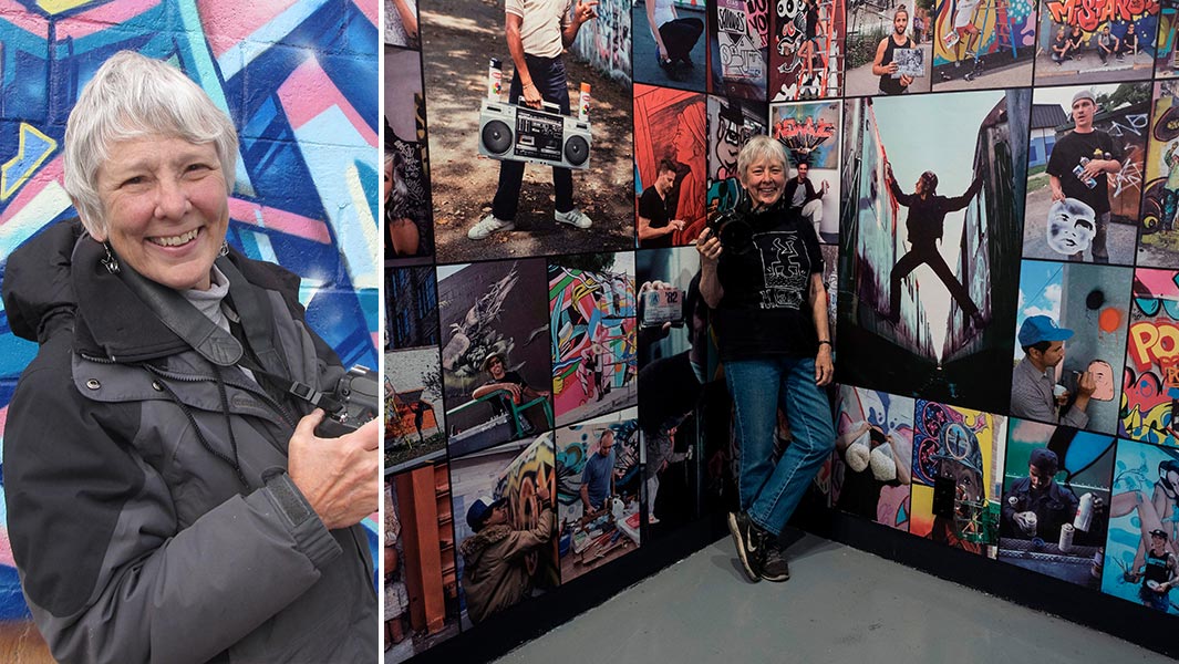 martha-cooper-with-camera-and-at-one-of-her-exhibitions