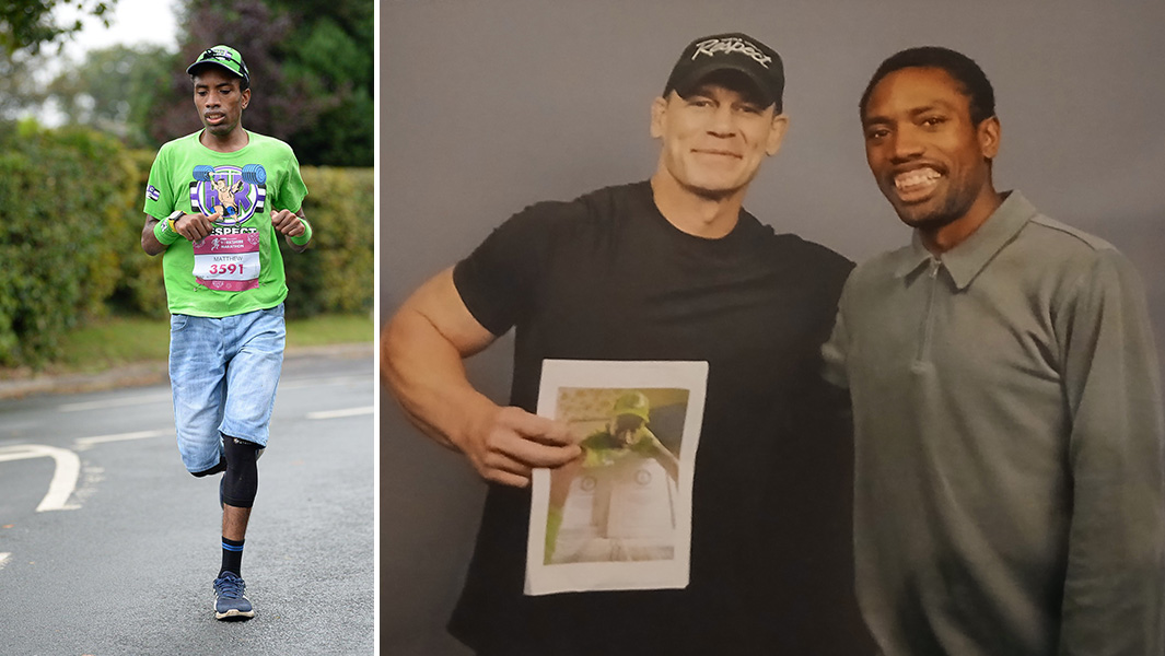 Matthew running and Matthew with John Cena who is holding a picture of Matthew running