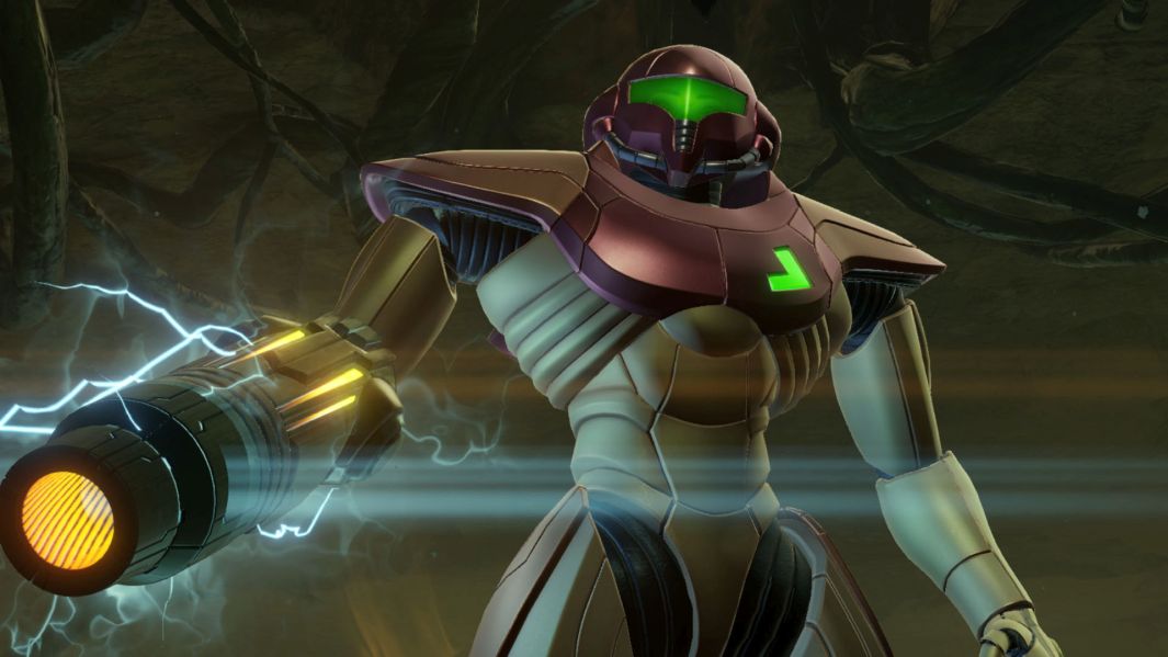 Samus Aran from Metroid Prime Remastered in her big metal exosuit, pointing the hand cannon off to the side of the camera