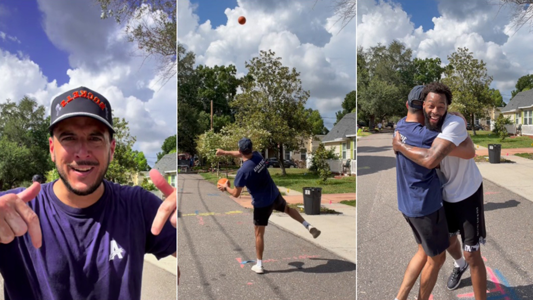 Three way split image of Nicholas attempting to throw the mini basketball into the net