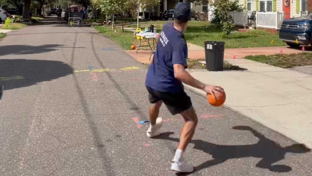 Three way split image of Nicholas attempting to throw the mini basketball into the net