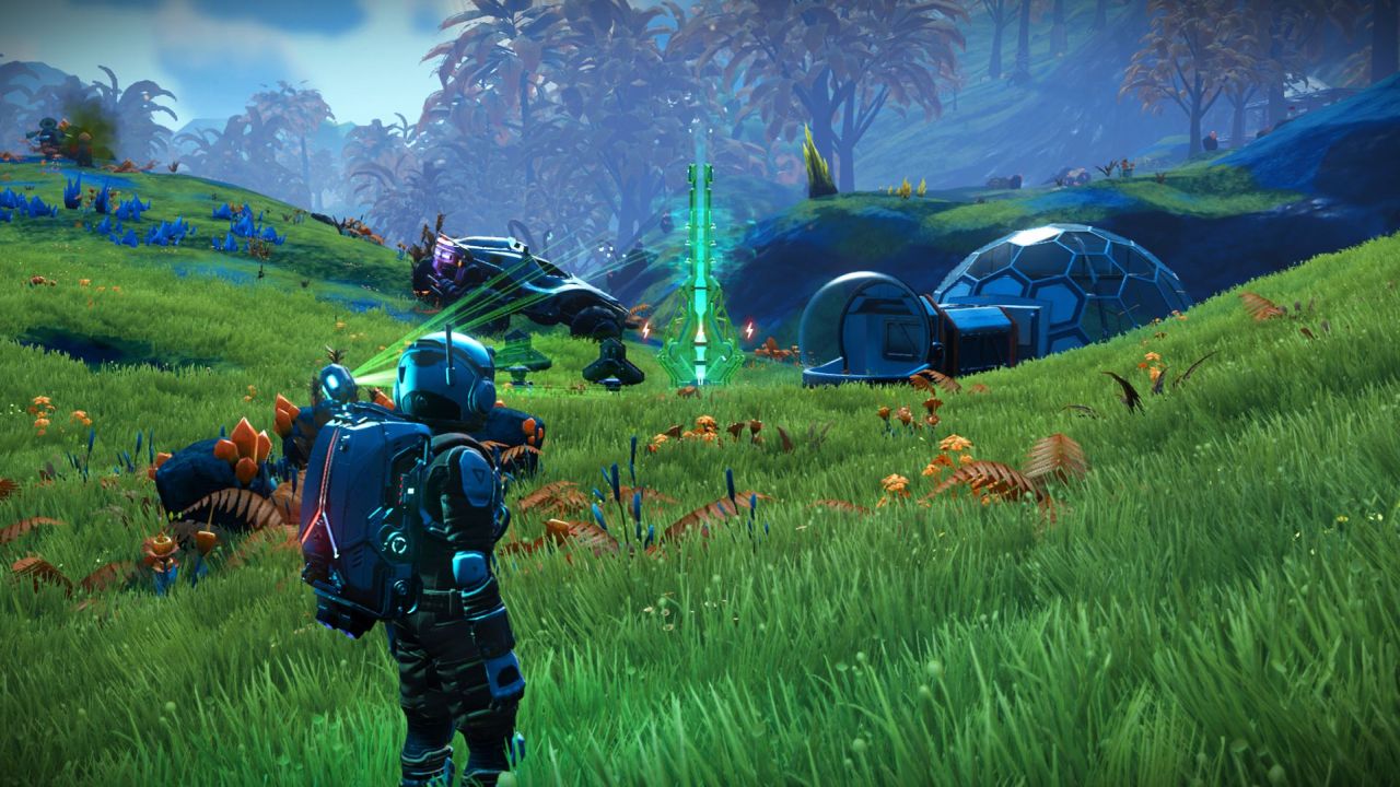 A scene from No Man's Sky showing a player looking at a small home base built in a strange alien field of green grass