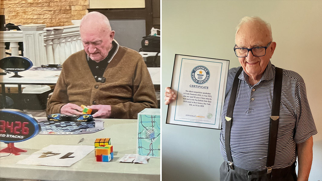 Split image of Frank with his GWR certificate, and Frank competing at the speedcubing event