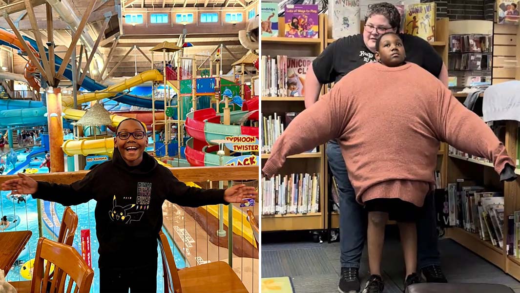 Split image of Skyler with the sweaters on and Skyler at the waterpark