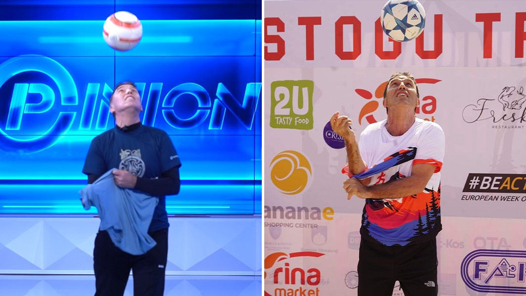 split image of Agim putting on T-shirts while controlling a football with his head