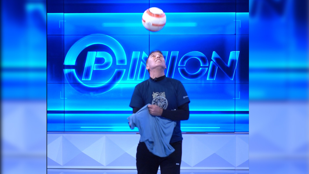 split image of Agim putting on T-shirts while controlling a football with his head