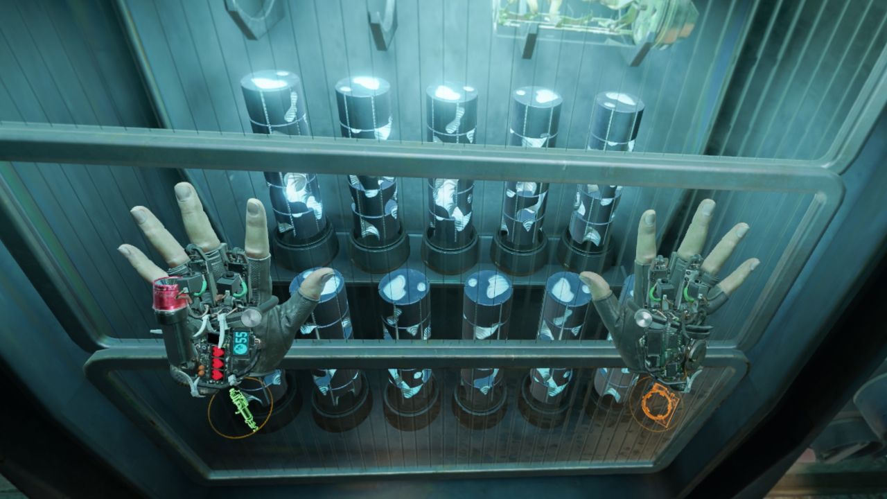 A screenshot from the VR game Half-Life: Alyx showing the player holding up their hands in-game