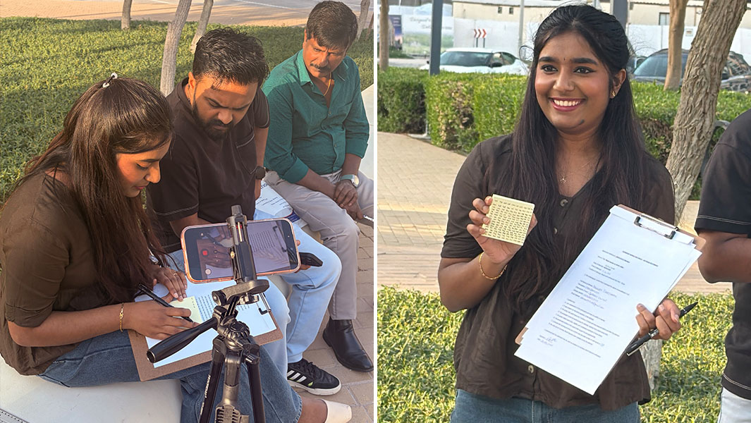 split image of Jothi posing with her sticky note and writing on it