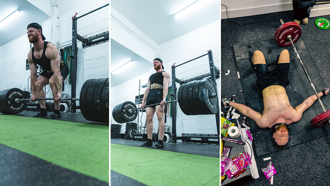 split image of Daniel performing a deadlift and lying on the floor exhausted