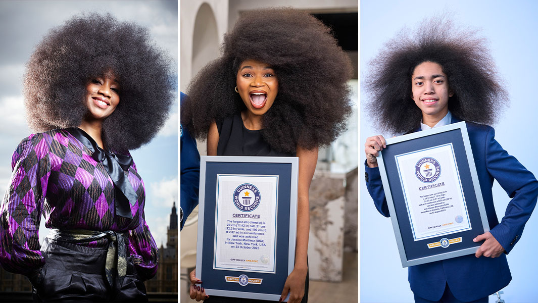 split image of three record holders with large afros