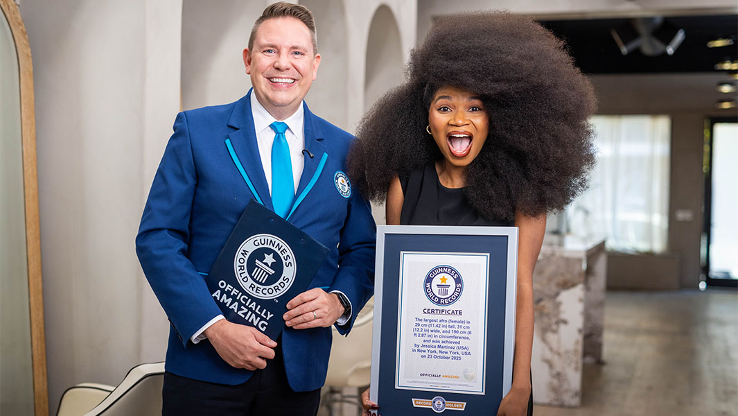split image of three record holders with large afros