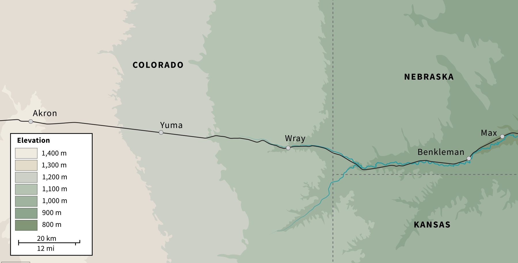 A map showing the railway line between Akron and Max
