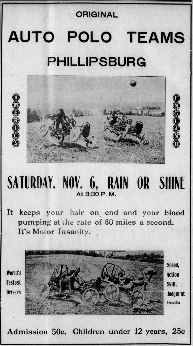 A newspaper advert for an international Auto Polo match in 1915