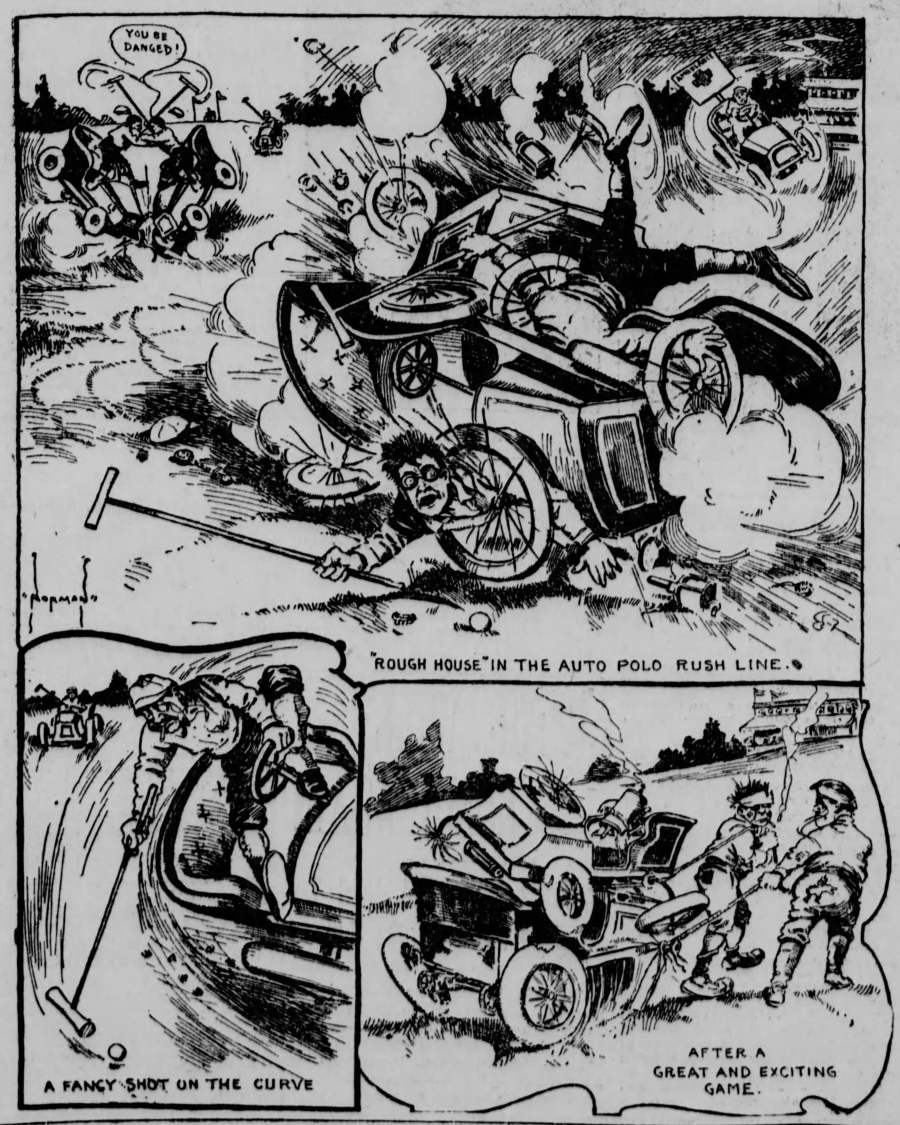 An editorial cartoon making fun of the dangerous sport of auto polo
