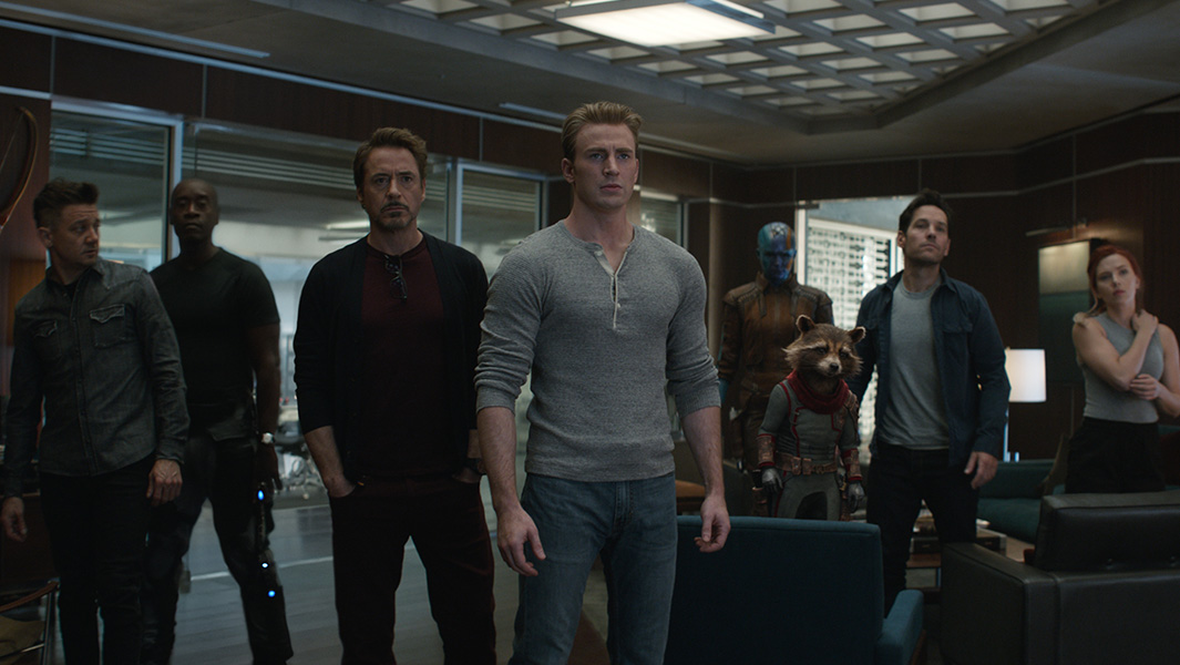 Film still showing some of the Avengers stood together