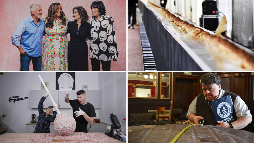 split image of Bake Off judges and hosts and three baking world records