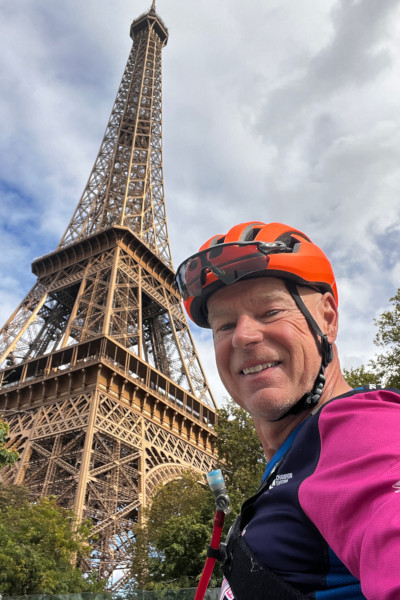 Mark taking a selfie with the Eiffel Tower in Paris