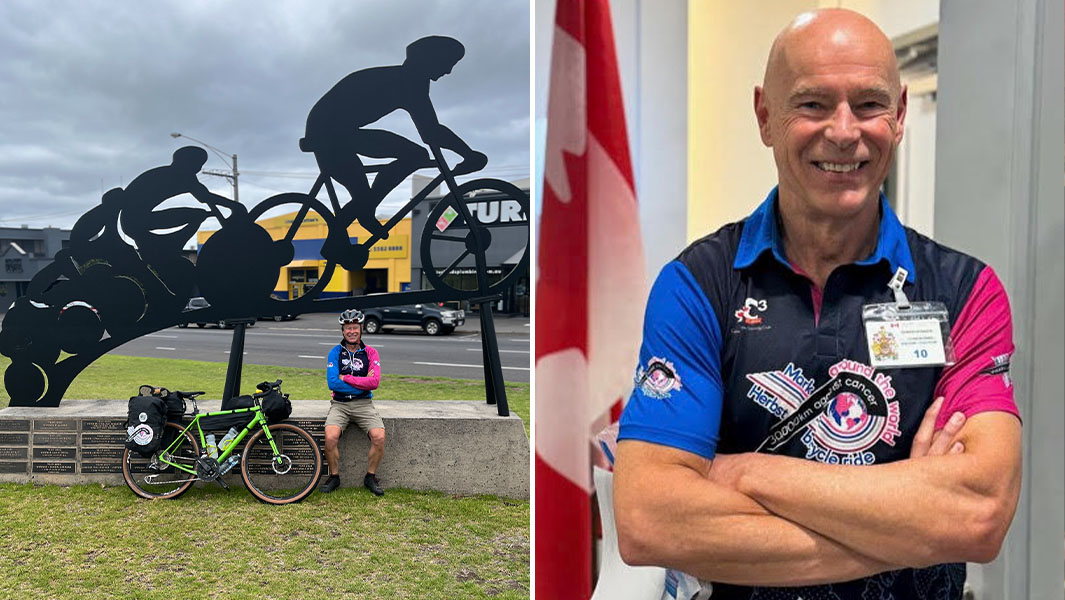 Split image of Mark and his bike under a statue of a cyclist, and a photo of Mark with the Canadian flag