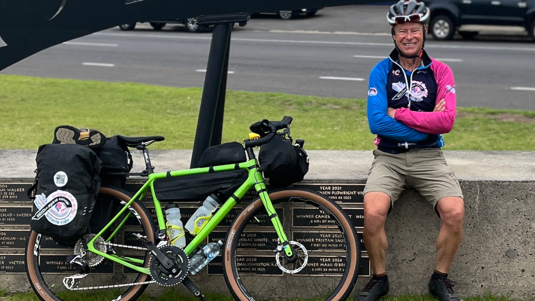 Split image of Mark and his bike under a statue of a cyclist, and a photo of Mark with the Canadian flag