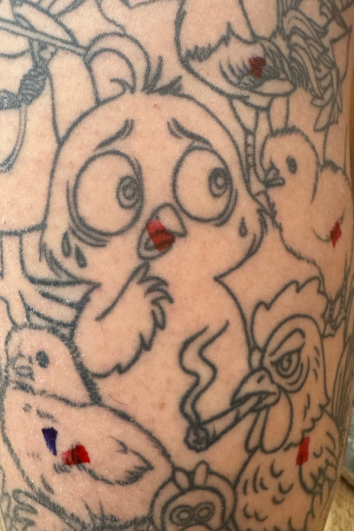 Closeup of a tattoo on Ashley's leg of a chicken looking nervous