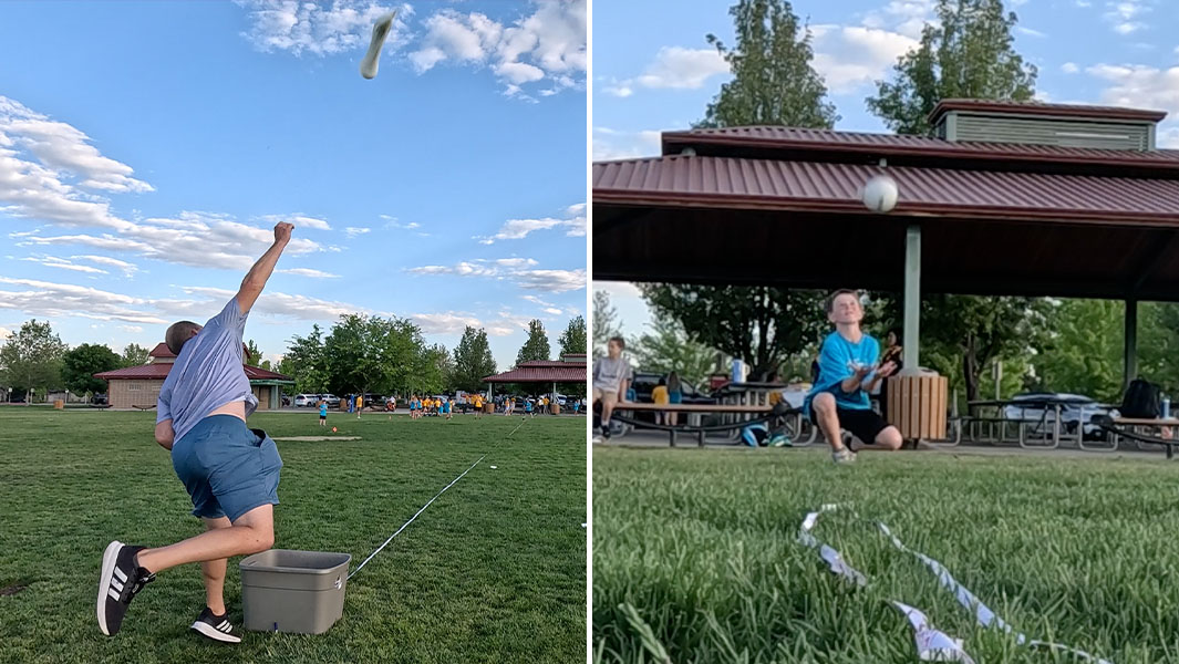 split image of David throwing the water balloon and Jeremy catching it
