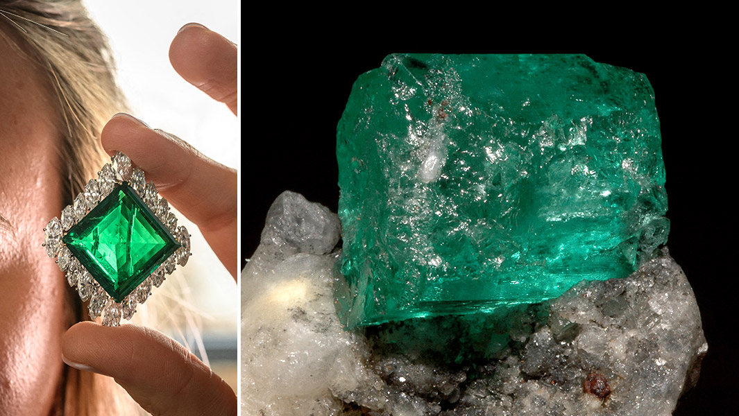 Split image showing a polished emerald gemstone set in a diamond-framed ring beside a rough emerald crystal in its natural rock matrix