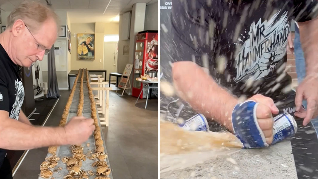 split image of Muhamed crushing things