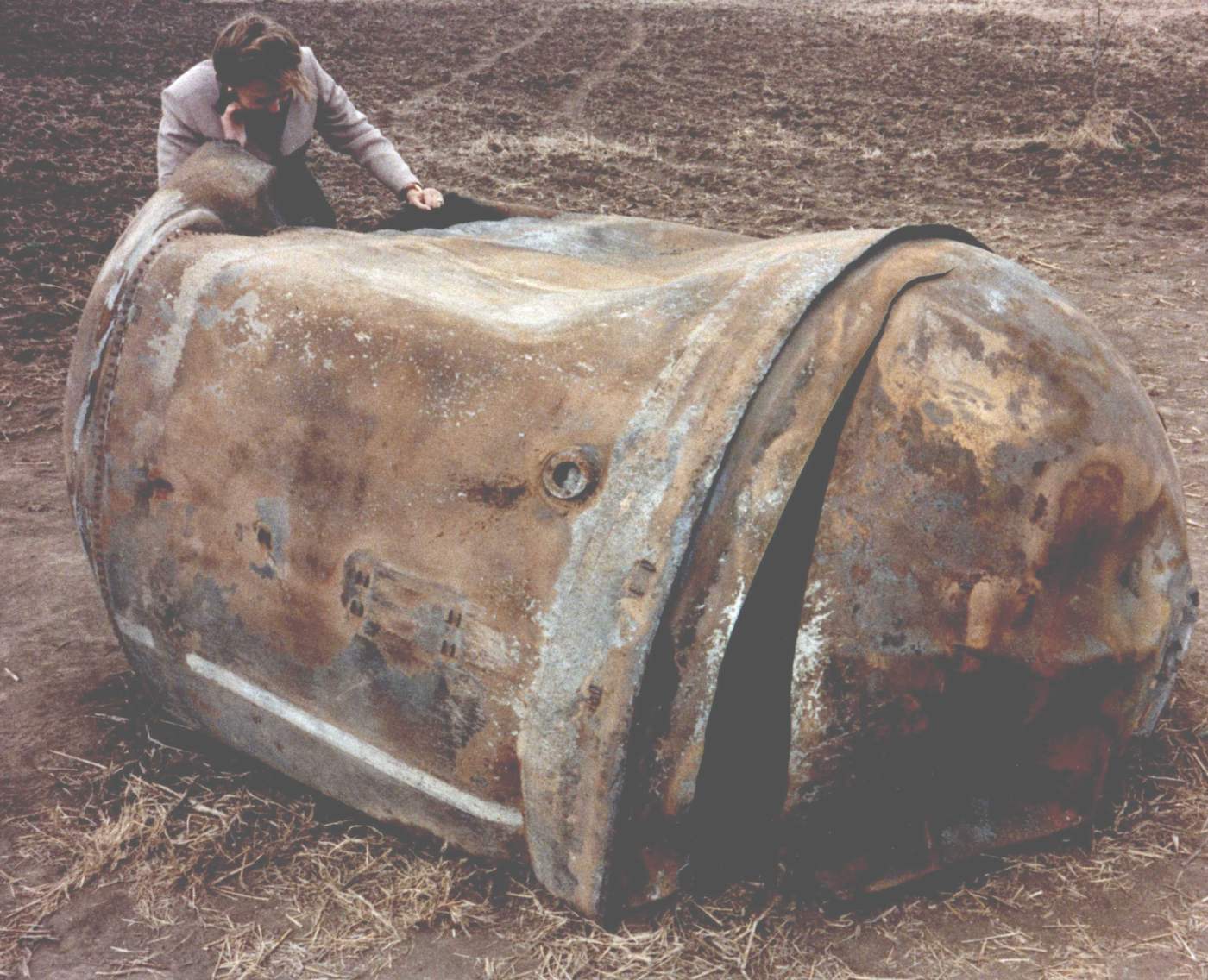 A burnt fuel tank from a deorbited satellite