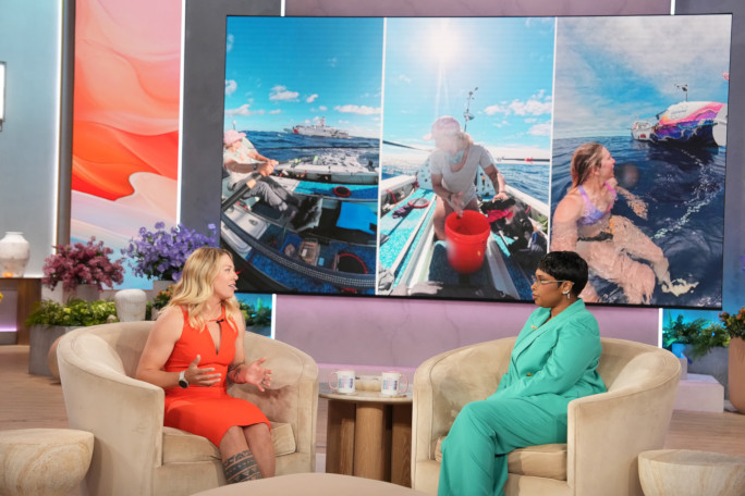 Kelsey and Jennifer Hudson talking with three photos of Kelsey rowing behind them