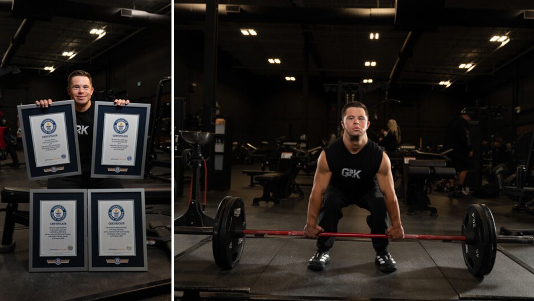 Kyle Landi smiling with his GWR certificates and Kyle Landi deadlifting