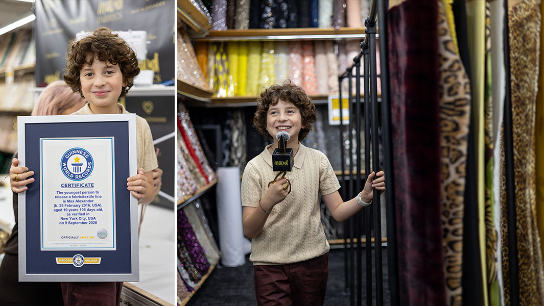 Split header image of Max holding his GWR certificate, and walking next to his fabric line at MOOD