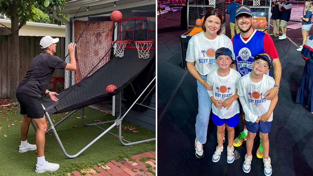 split image of Nicky shooting mini basketballs and with his family