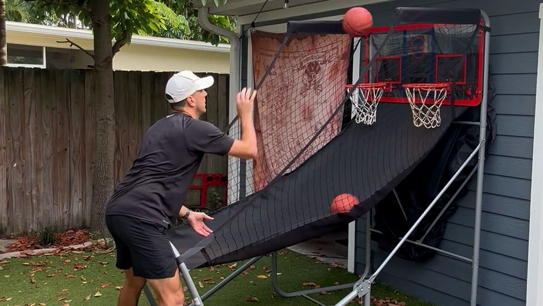 split image of Nicky shooting mini basketballs and with his family