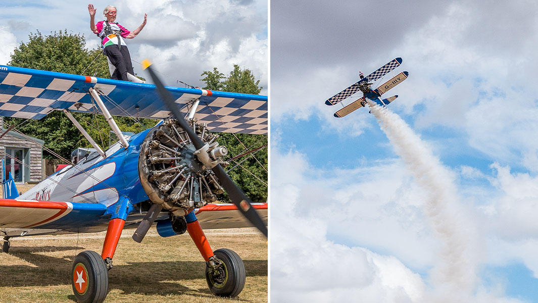 split image of Betty sitting on top of the plane and during her wing walk
