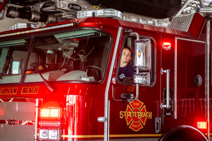 Autumn driving the firetruck