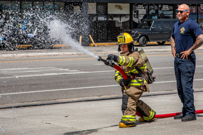 Autumn spraying the fire hose