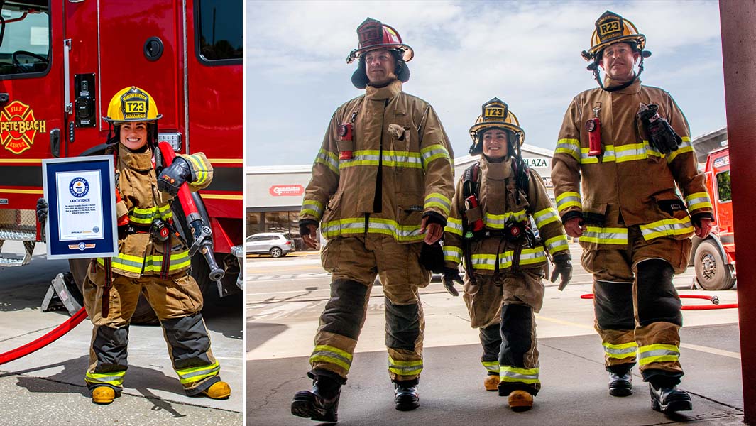 Split image of Autumn holding a firehose in her uniform, and Autumn walking next to her captains