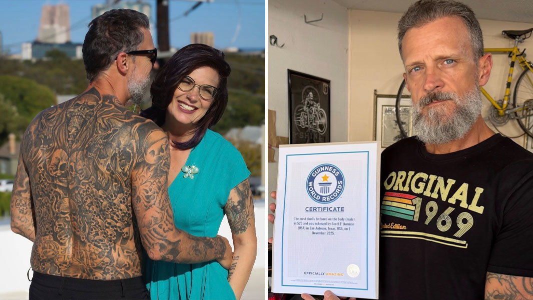 Split image of Scott and his back tattoos with his wife, and Scott holding his GWR certificate
