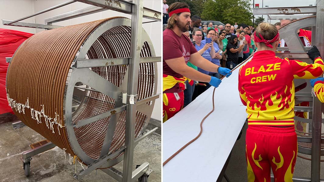 Split image of the Slim Jim wrapped around the rack, and the Slim Jim being unveiled on the table