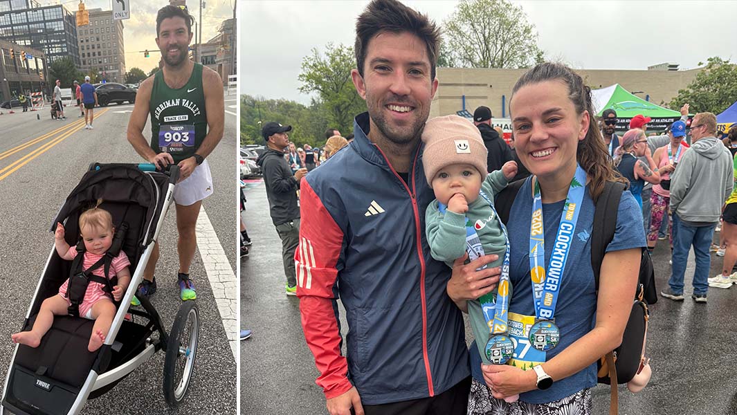 Split image of Stephen stood with his daughter Blake in a stroller at the Guardian Mile race and Stephen with his wife Meghan holding Blake